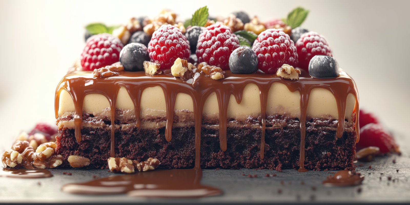 Delicious layered dessert with chocolate, cream, and fresh berries arranged on a plate